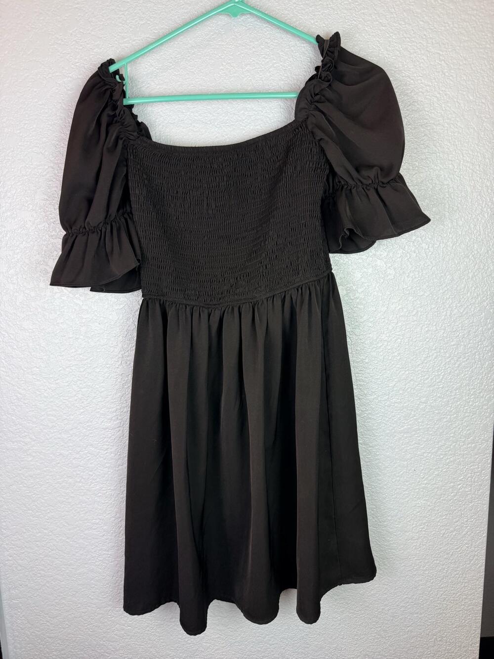 Black Puff Sleeve Dress Womens Large Smocked Square Neck Gothic Lolita Cosplay
